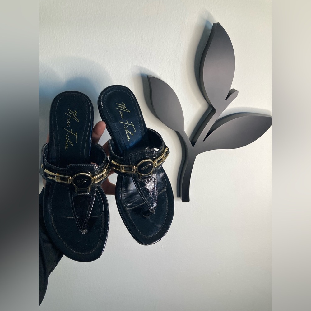 Black Leather Marc Fisher Heeled Sandals With Gold Buckle Hardware